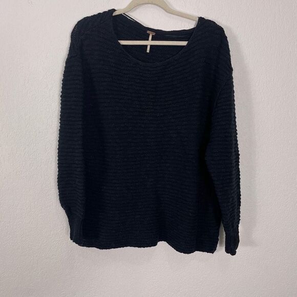 Free People Black Ribbed Knit Cotton Pullover Sweater - Picture 1 of 6